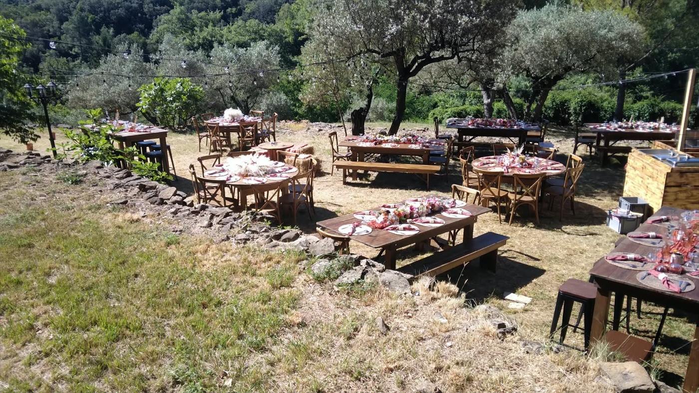Longue tablée champêtre installée sous les arbres pour un mariage